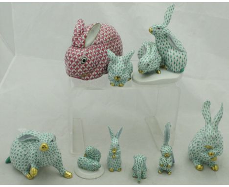 A collection of seven assorted Herend Hare figures, to include two figures of two hares, three small hares, two further large