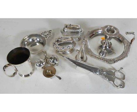 A small collection of silver plated wares to include an Old Sheffield plate chamber stick with snuffer in the George III styl