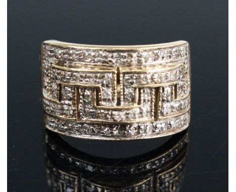 A 9ct yellow gold Greek Key design diamond set ring, having fifty-one 1mm single cut diamonds, total weight estimated as 0.15