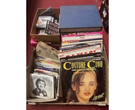 Two boxes of popular LPs, singles, CDs and a 1950s J&amp;A Margolin record player etc