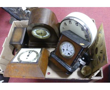A box of assorted clocks, to include an oak dome topped mantel clock, oak wall clock, Victorian ebonised and walnut mantel cl