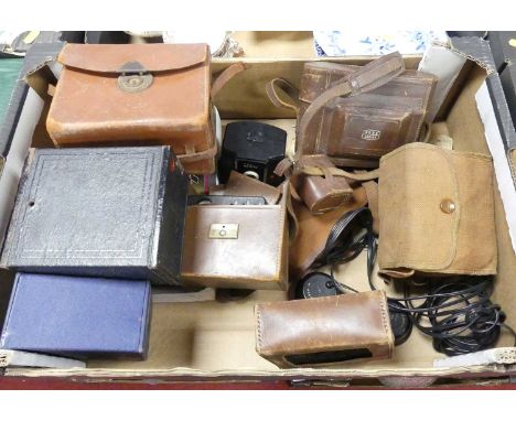 A box of early camera equipment, to include a No.2A Brownie by Kodak, Ross Ensign etc 