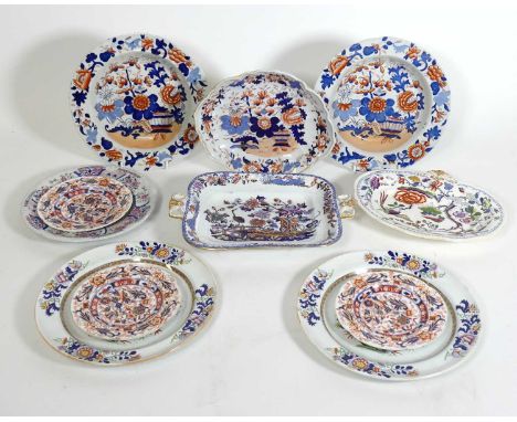 A collection of ironstone wares, to include three Coalport saucers decorated in the Imari palette, a pair of Mason's soup bow