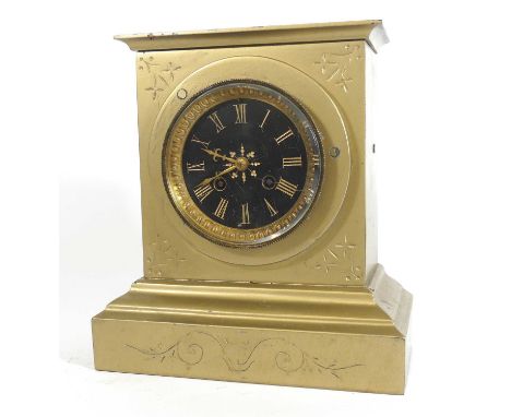 A late 19th century mantel clock, having a black slate dial with gilt Roman numerals and twin winding holes for an eight day 