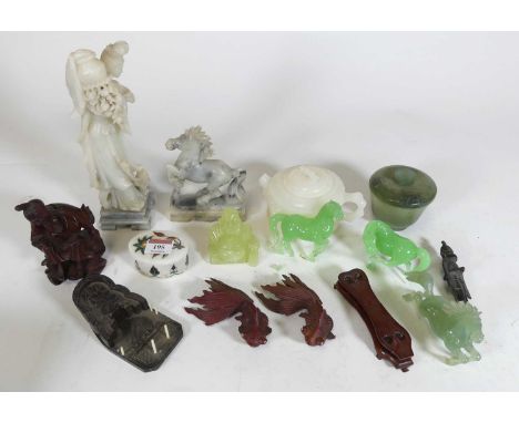 A Chinese simulated jade cup &amp; cover, together with various other Chinese figures being soapstone and resin examples, mos
