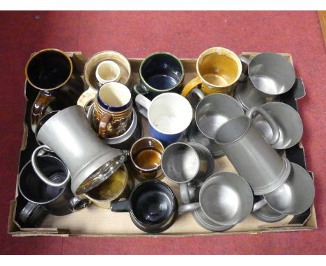 One box of pewter and ceramic tankards