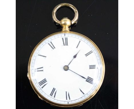 A continental 18ct gold cased lady's fob watch, having unsigned white enamel dial, engine turned case, keyless movement, gold