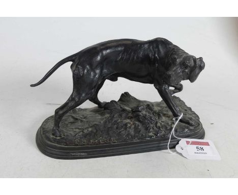 After PJ Mene - a bronze hound on naturalistic base, bears signature, w.21cm