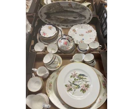 Two boxes of ceramics, to include a Royal Doulton Crown Derby tea service, and a Portmerion Salmon plate