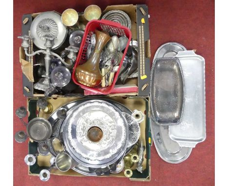 Two boxes of miscellaneous metal ware to include pewter tankards, pair of turned brass candlesticks, candelabra, twin handled