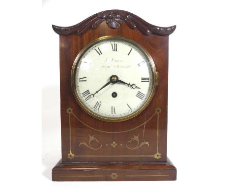 An Edwardian mahogany cased cut brass inlaid mantel clock, the painted dial signed H Greene, New Quebec Street, Portman Sq, a
