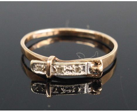 A 9ct gold diamond highlights set belt ring, as three pavé set small round cuts, size N, 1.4g