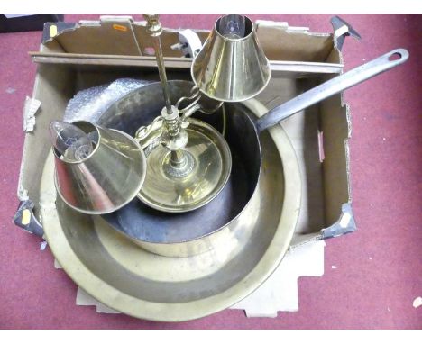 Assorted metalware to include a copper jam pan, brass preserve pan, twin light table lamp, and a copper tray 