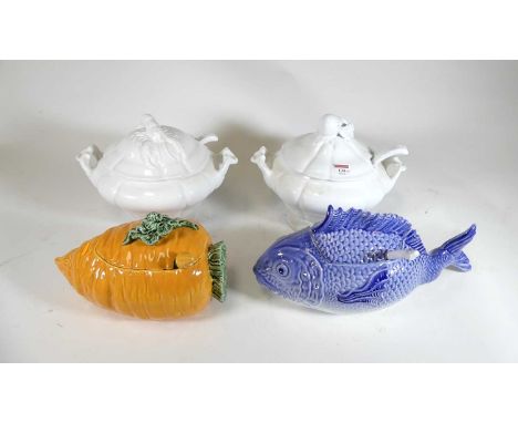 A modern ceramic tureen and cover in the form of a fish, together with one other example, as a carrot, and two blanc de chine