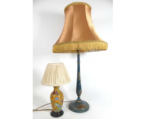A 1920s teal lacquered chinoiserie decorated table lamp, on a weighted base, height excluding fittings 47cm, together with a 