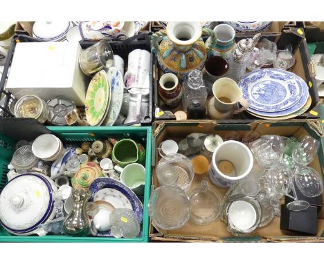 Four boxes of ceramics and glassware, to include a cut glass decanter, blue and white plates, leather cased hip flask etc 