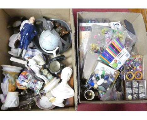Two boxes of mixed items to include a pair of bisque porcelain figures, ceramic and copper lustre pieces etc