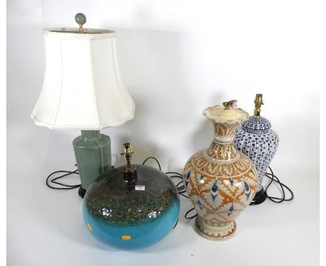 A glazed ceramic bun shaped table lamp of good size, dia. 34cm, together with three other ceramic table lamps, one with shade