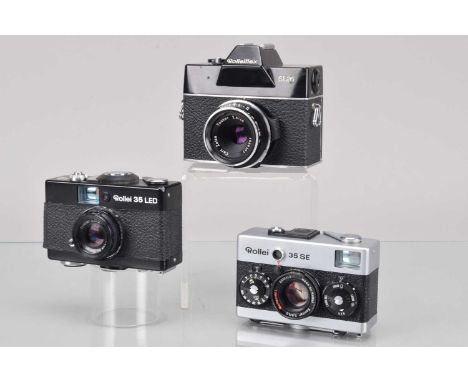 Three Rollei Compact Cameras, a Rollei 35 LED, shutter working, shutter speed dial stiff, meter responsive, body G, some lift