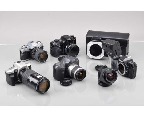 A Group of Minolta SLR Cameras, a Minolta Dynax 600si Classic, with AF Macro 50mm f/2.8 & Zoomxi 28-80mm f/4-5.6 lens, Dynax 