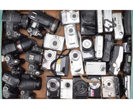 A Tray of Digital and Compact Digital Cameras, including a Lumix GH4, FZ45, F27, TZ600, Nikon CoolPix 8800vr, with compact di