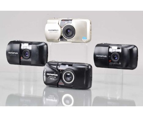 Four Olympus mju Compact Cameras, a mji 1, shutter working, flash working, self timer working, G, mju I, shutter working, fla