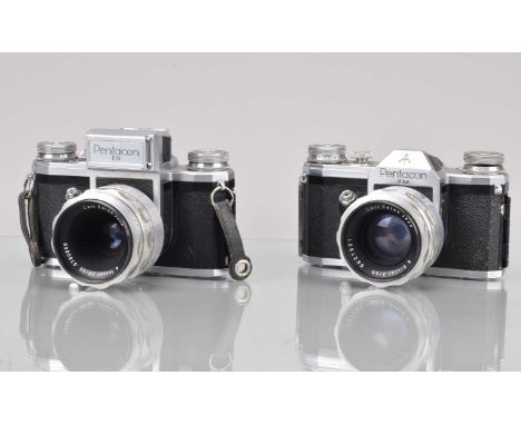 Two Pentacon SLR Cameras, a Pentacon FB, shutter sticking in slow speeds, light cell responsive, self timer working, body G, 