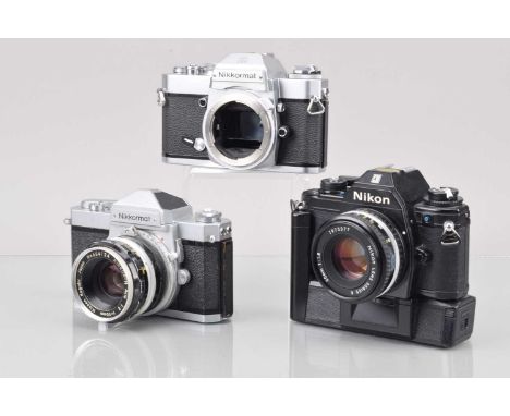 Three Nikon SLR Cameras a Nikkormat FT, shutter working, meter responsive, self timer working, body G, with Nippon Kogaku Nik