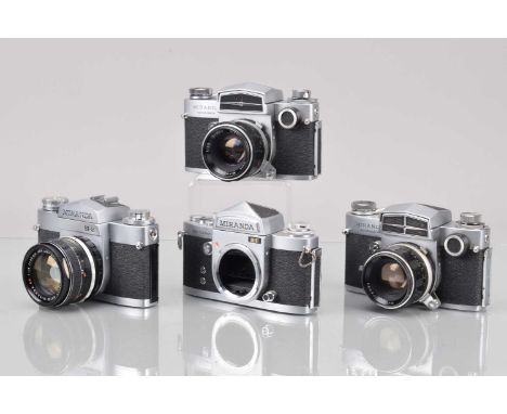 Four Miranda SLR Cameras, two Miranda Sensorex, shutters working, meters responsive, one self timer loose, not working, bodie