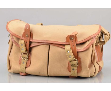 A Billingham Camera bag, tan, canvas, L 43cm, W 28cm, H 23cm, approx, no inserts, some fading to front pockets, light grime, 