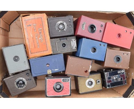 A Tray of Coloured Box Cameras, including a maroon/black Beau Brownie, brown Portrait Hawkeye, No 2 Brownie, Gevarert, Corone