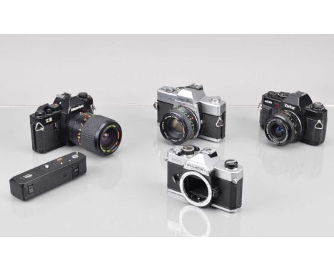 A Group of SLR Cameras, a Mamiya ZE, with Osram 38-70mm f/3.5 lens & drive, Vivitar V635, with Vivitar  28mm f/2.8 MC lens,  