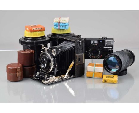 A Certo Certrop 6.5 x 9cm Folding Plate Camera and Other Items, shutter working, self timer working, body G, bellows G-VG, wi