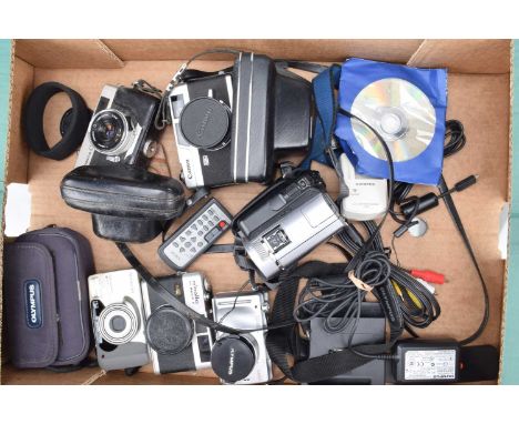 A Group of Various Cameras, an Olympus Superzoom 160, Konica C35, Minolta Hi-Matic F, Canonet QL19, Olympus Camedia C-765 and