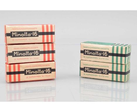 Five Out of Date Minolta 16 Films, three 32 ASA Colorchrome and two Panchromatish 17/10 DIN, all in sealed boxes, no apparent