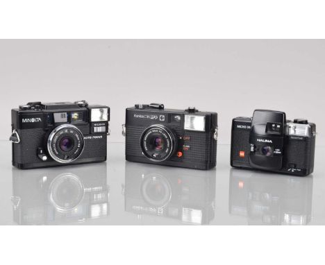 Three Compact Cameras, a Minolta Hi-Matic AF-D, Konica C35 EF-P AND A Halina Micro 35, shutters working, flashes working, G-V
