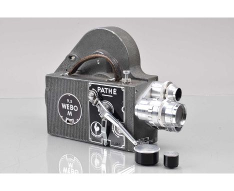 A Pathe Webo M 9.5mm Cine Camera, motor runs, body G, some light paint wear to edges, with Som Berthiot 75mm f/3.5, 35mm f/3.