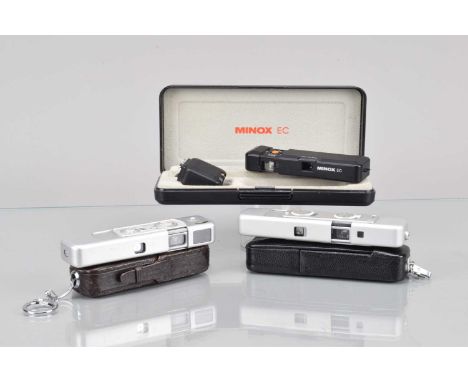 Three Minox Sub Miniature Cameras, a Minox EC, shutter working, meter responsive, G0VG, in case with strap, flash holder, fil