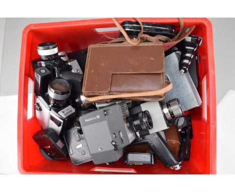 A Crate of 8mm Cine Cameras, manufacturers include Bell & Howell, Chinon, Quartz, Bauer, Fujica and other examples