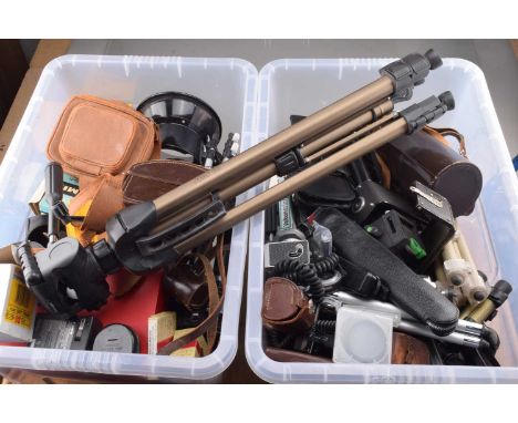 Two Boxes of Camera Related Accessories, including filters, flash units, caps, hoods, tubes, tele-converters, light meters, t