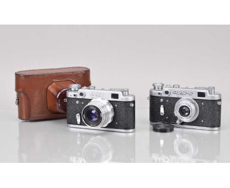 Two FED 2 Rangefinder Cameras,  a FED 2 type F143, shutter working, rangefinder working, self timer working, with FED 52mm f/