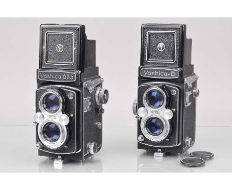 Two Yashica TLR Cameras, a Yashica D, shutter working, self timer working, body G, slight paint wear to edges, with Yashikor 