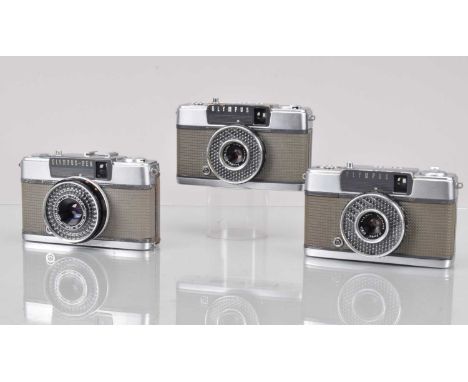 Three Olympus Pen Compact Cameras, two Pen EE, shutters working, light cells responsive, one slow to react, bodies G, element