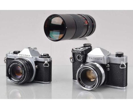 Two SLR Cameras, a Yashica JP, shutter working, self timer stutters/stalls, with clip on light meter, meter responsive, body 