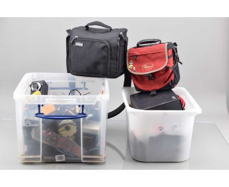 Three Boxes of Camera Accessories, including, light meters, flash units, quick release cables, filters, 35mm film canasters, 