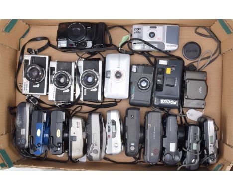 A Tray of Compact Cameras, including two Konica C35, a Ricoh 500 G, with other compacts by, Agfa, Konica, Olympus, Canon and 