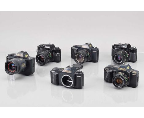 Six Canon SLR Cameras, two Canon T50, one body, one with FD 35-70mm f/3.5-4.5 lens, shutters working, responsive in programme