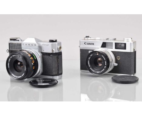 Two Canon 35mm Cameras, a Canon Canonflex RM, shutter working, light cell responsive, self timer working, body G, some paint 