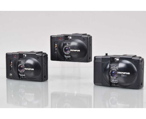 Three Olympus XA Compact Cameras, an Olympus XA 1, shutter working, light cell/aperture responsive, body G, elements G-VG, XA