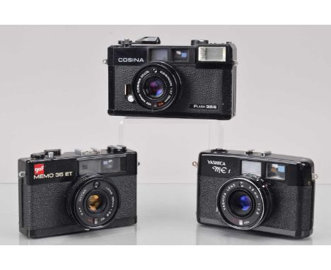 Three Compact Cameras, a Yashica ME 1, shutter working, meter responsive, self timer working, some seal deterioration, g, Gaf